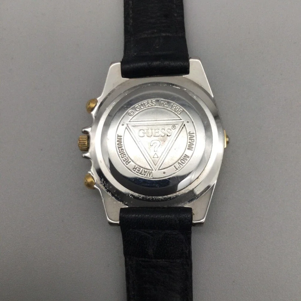 Vintage Guess Womens Watch 28mm Two Tone Gold Black Leather New Battery